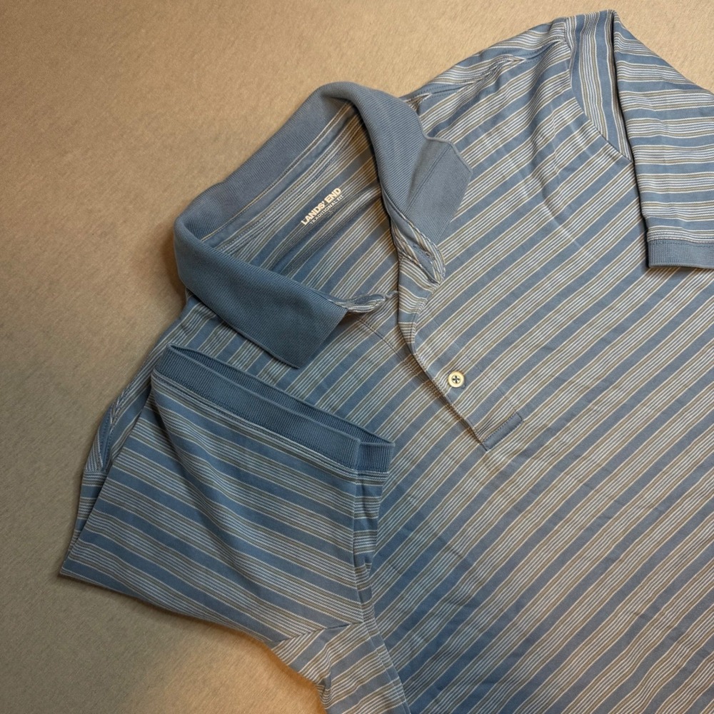 Lands End Mens Blue Striped Traditional Fit Cotton Polo Shirt Size‎ L 42-44